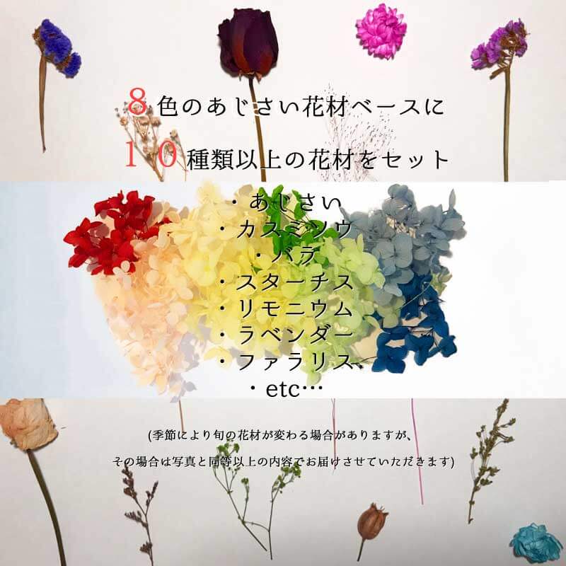 PAVO ハーバリウム手作りキット 花材セット　ドライフラワー　ブリザーブドフラワー　セット　あじさいかすみそうスターチスバラ千日紅