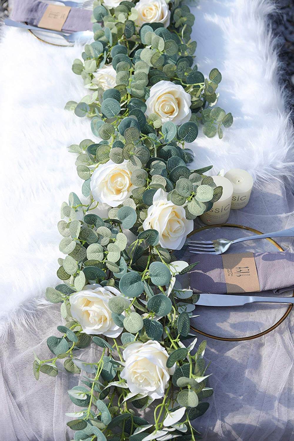 81nvMjX1UKL ユーカリ ガーランド 人工観葉植物 造花 アーティフィシャルフラワー フェイクグリーン 壁掛け ハンギング バラ 薔薇